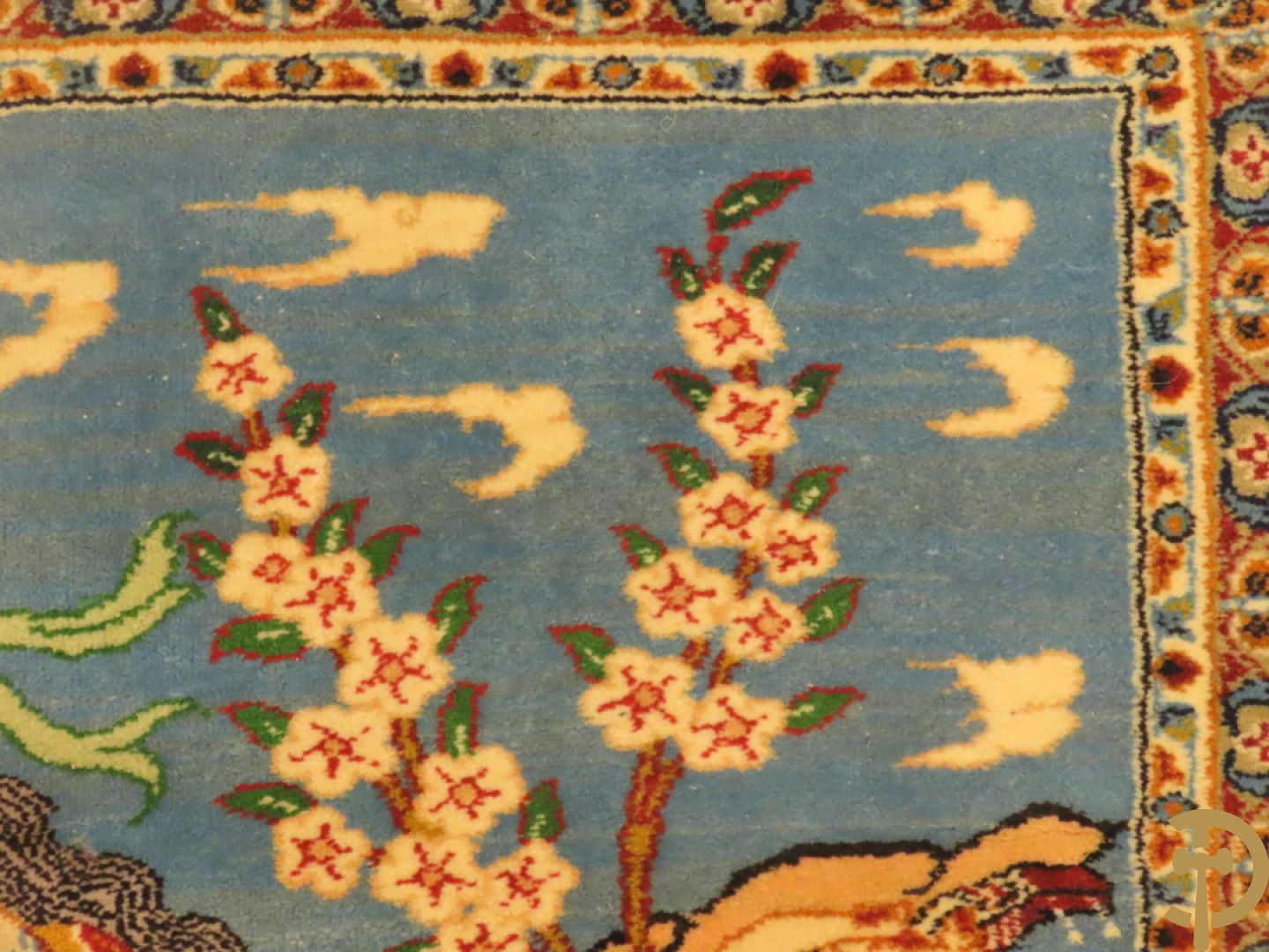 Perzisch handgeknoopt geïllustreerd tapijt met decor van musicerende dame en drinkende man