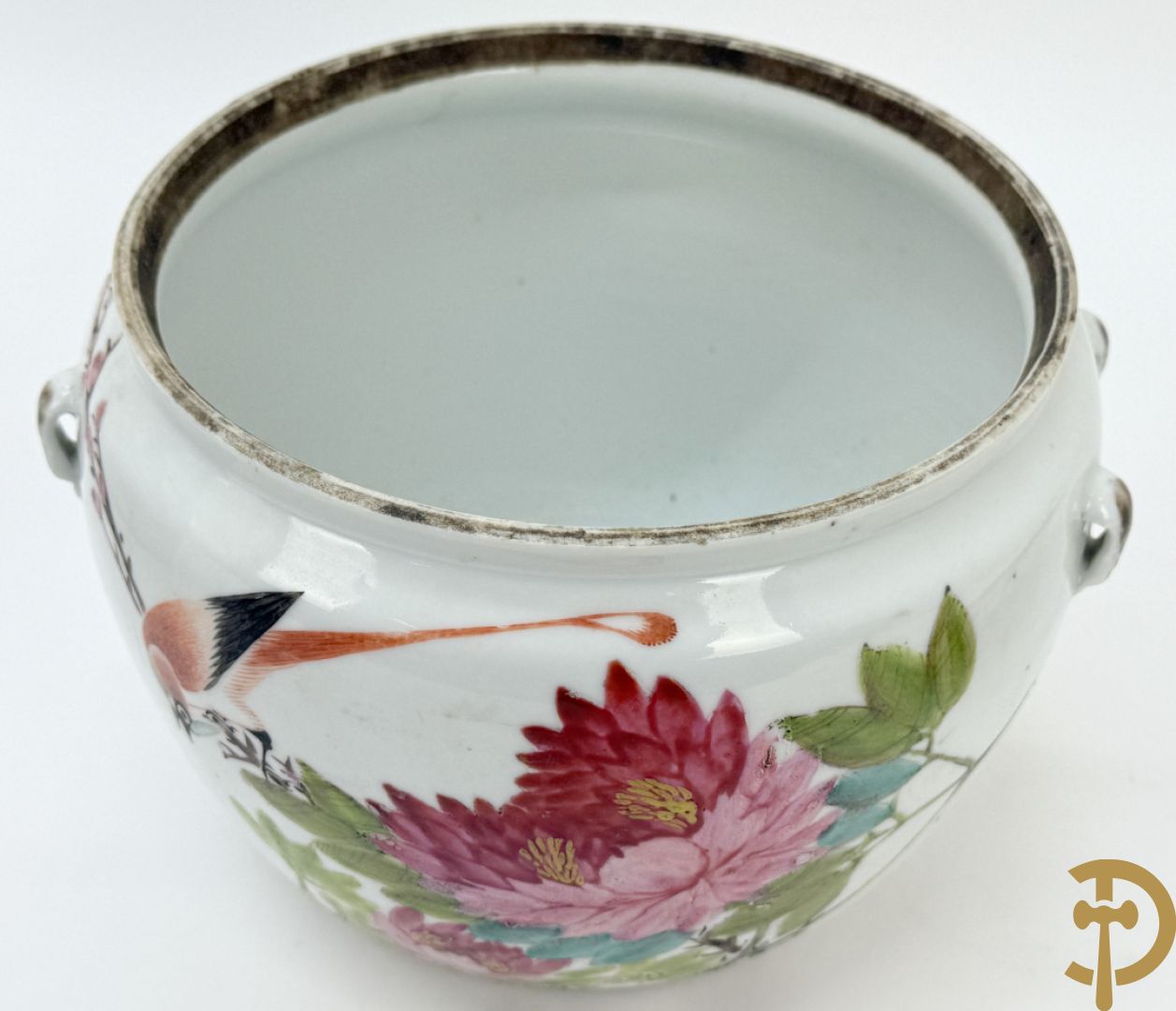 Chinese porseleinen dekselpotiche met vogel- en bloemendecor + Chinese porseleinen dekselkom met bloemen- en vogeldecor