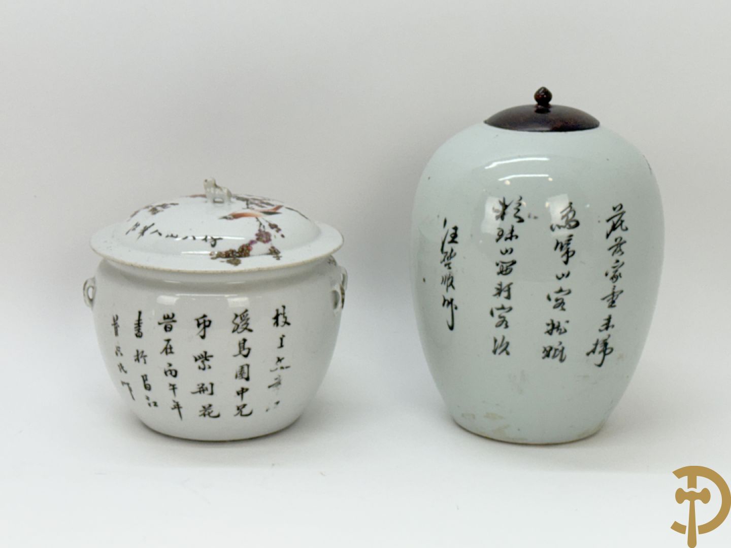 Chinese porseleinen dekselpotiche met vogel- en bloemendecor + Chinese porseleinen dekselkom met bloemen- en vogeldecor