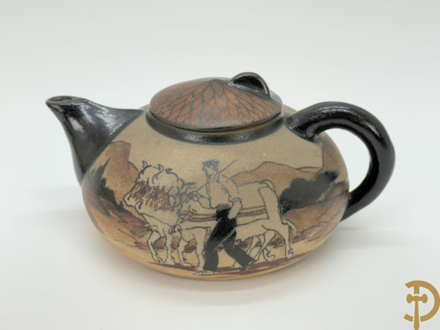 Tète à tète in meerkleurige faience Grès van Ciboure, getekend R. Le Corrone, bestaande uit theekan, melkkan, suikerpot, 2 tasjes en 2 schoteltjes