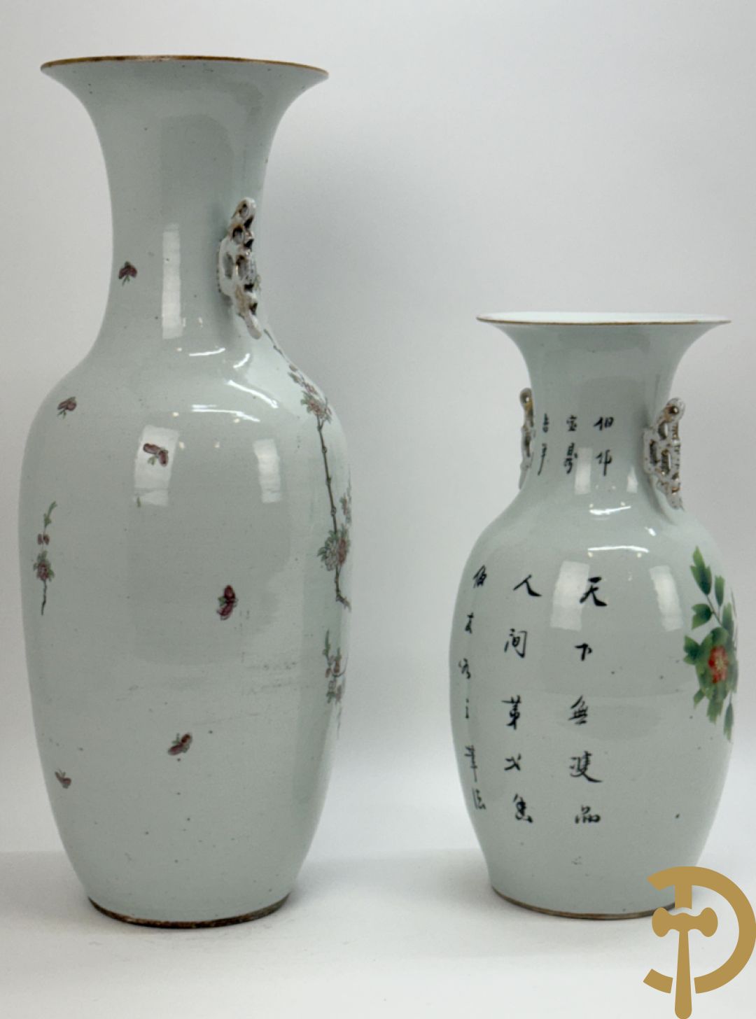 Chinese porseleinen vaas met decor van takken en vogels + Chinese porseleinen vaas met bloemendecor