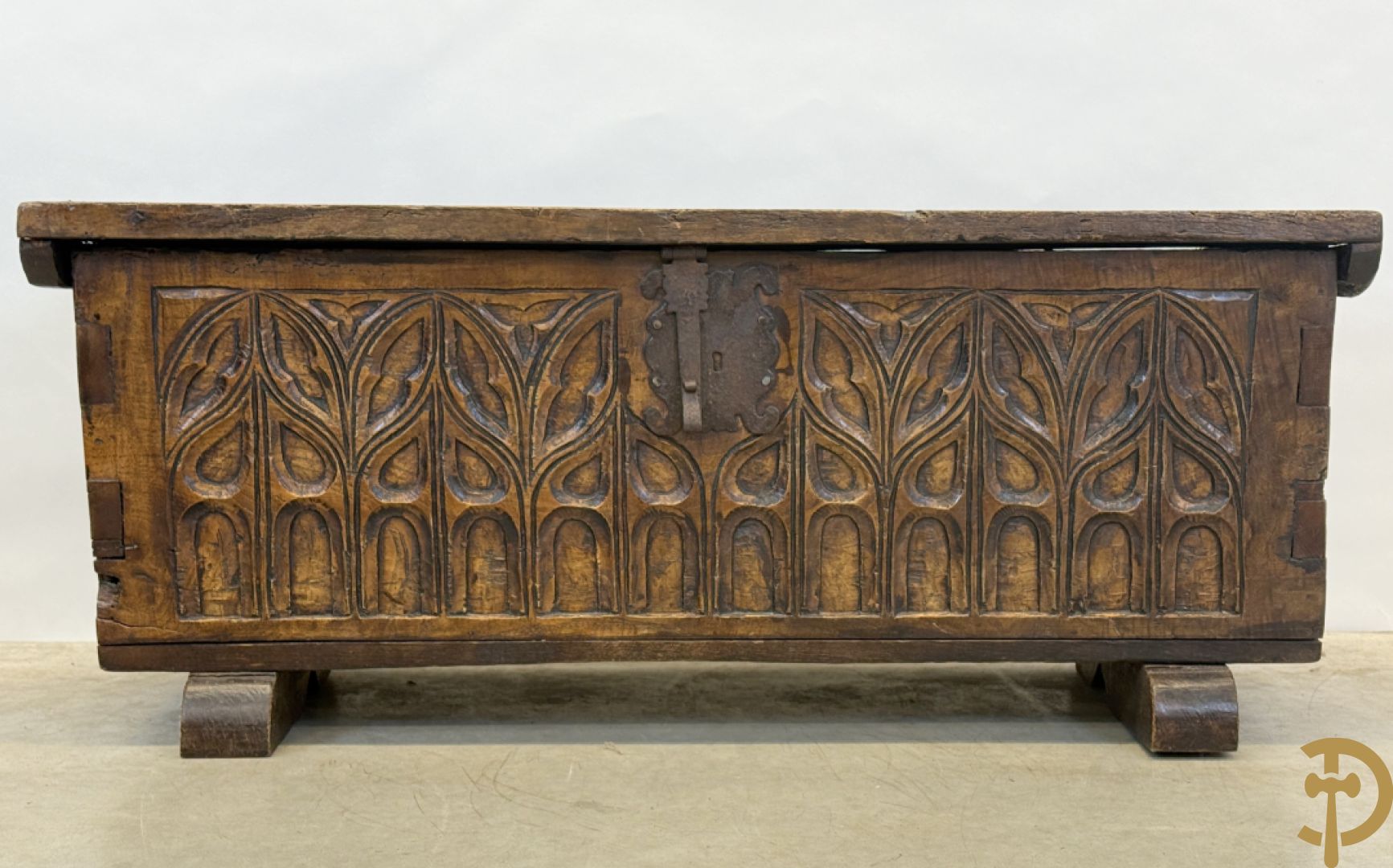 Spaanse rustieke koffer met ijzersmeedwerk en gotische ornamenten