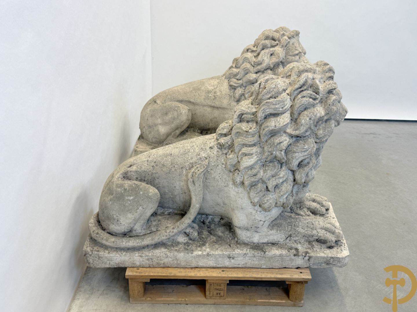 Paar betonnen tuinbeelden van leeuwen