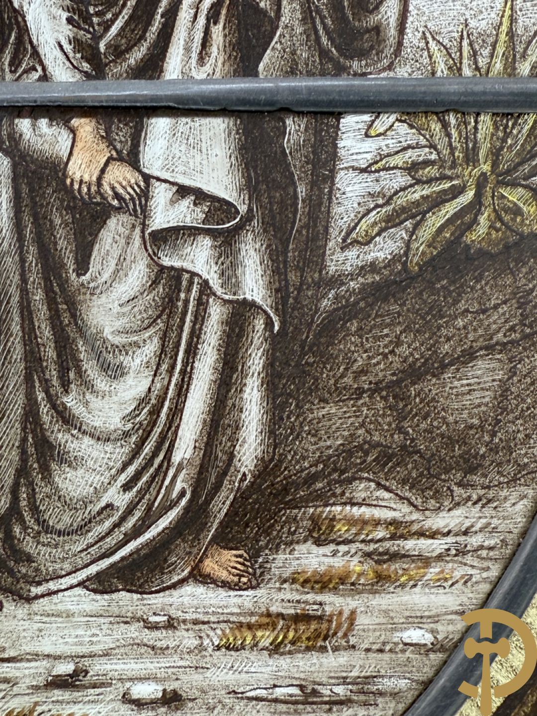 Twee loodramen met beschilderde taferelen 