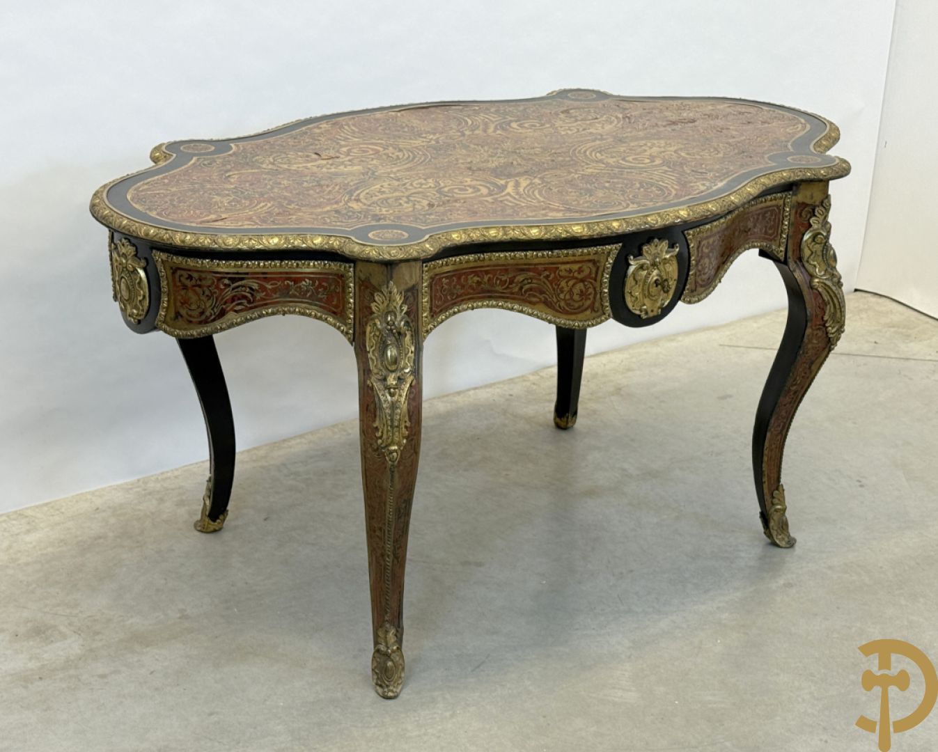 Boulle tafel met lade, Napoleon III, met mooi koperinleg en bronzen ornamenten, 19e