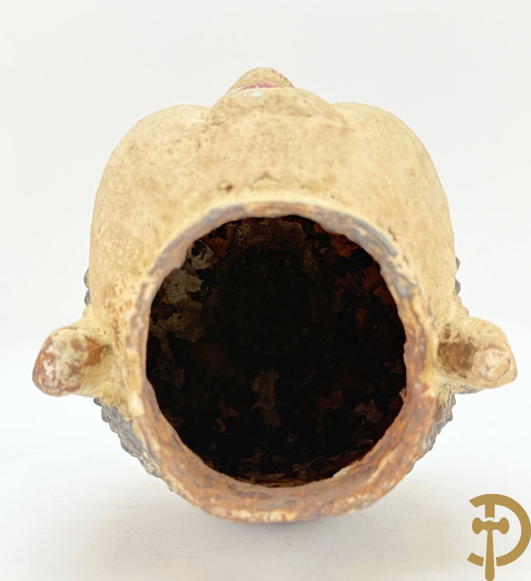 Handbeschilderd ijzeren boedhahoofd + vergulde houtgesculpteerde zittende boedha