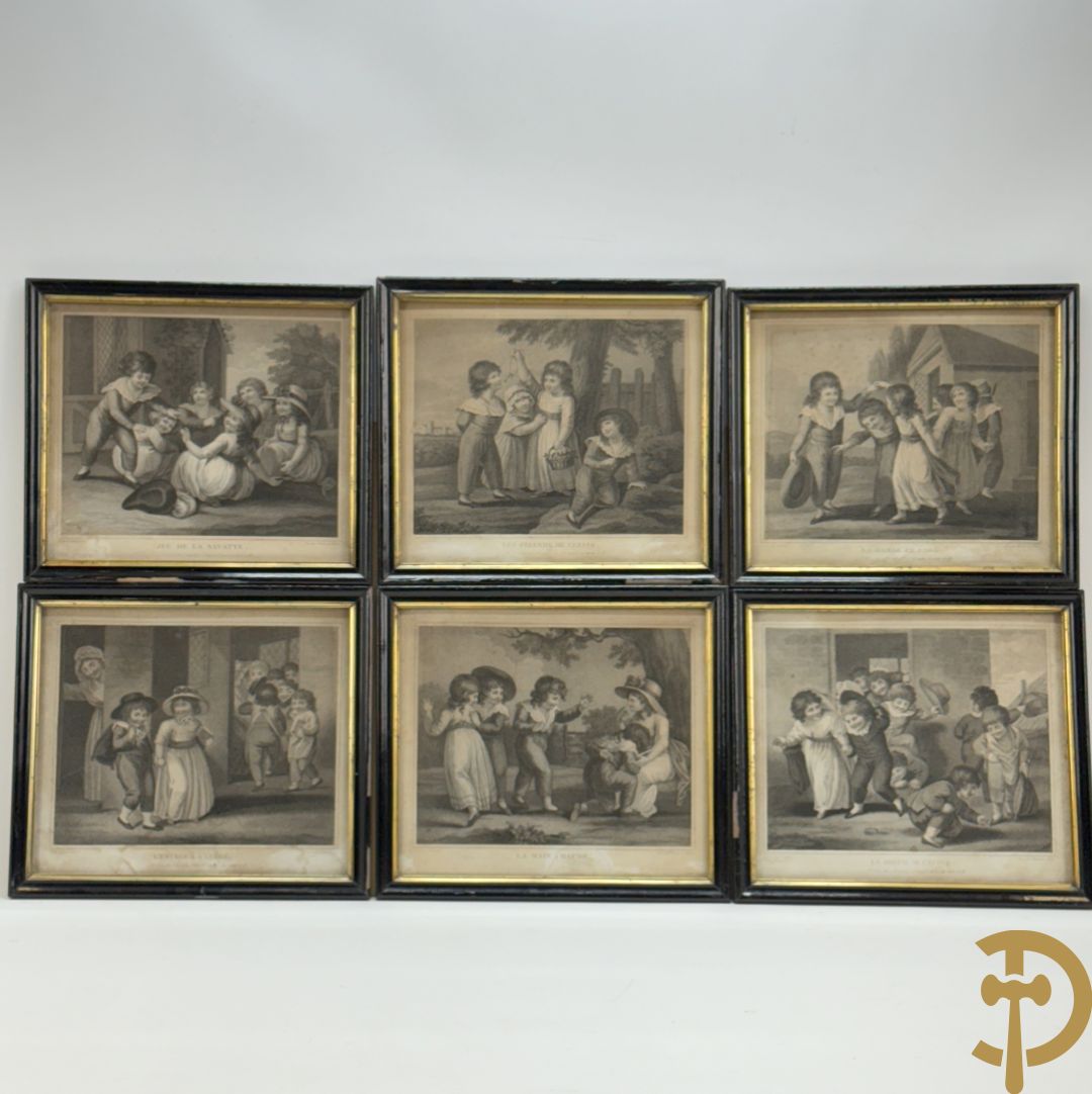 Zes oude gravures met kinderthema's, gegraveerd door Lander de Toulouse, 19e