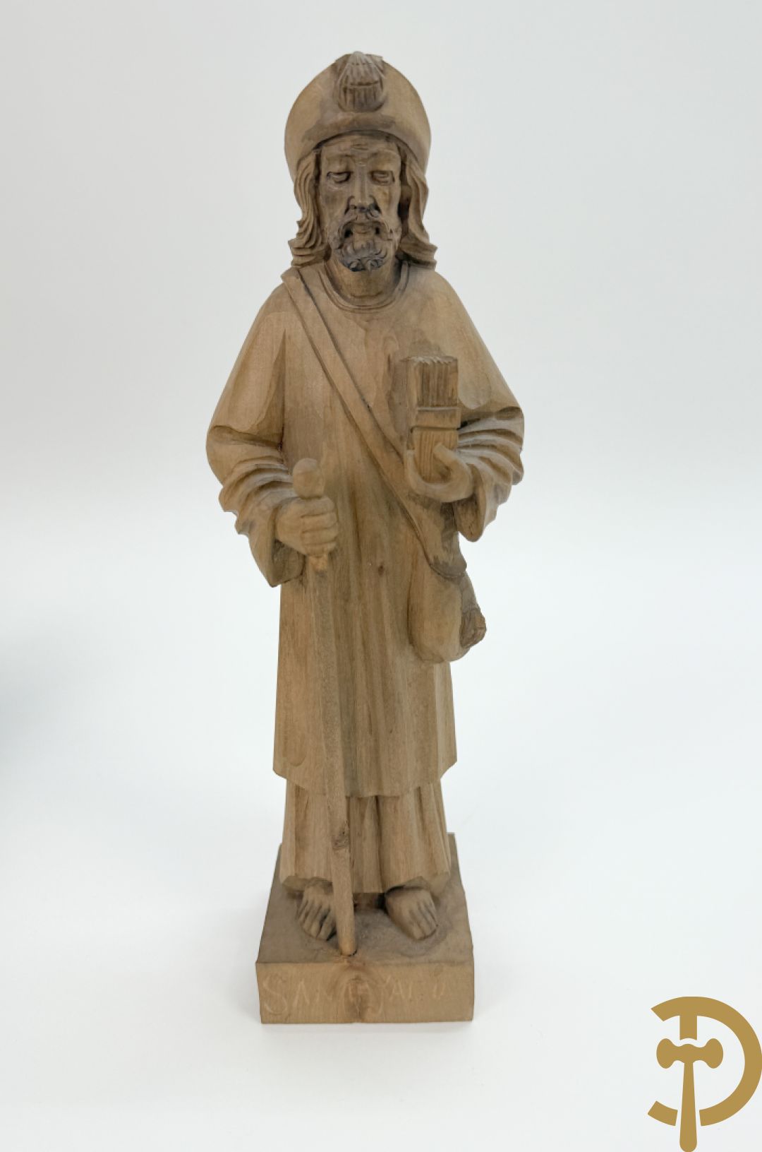 Gepolychromeerde houtsculptuur van Sint-Antonius met kind + gepolychromeerde houtgesculpteerde Madonna met kind + houtsculptuur van Sint-Jacob