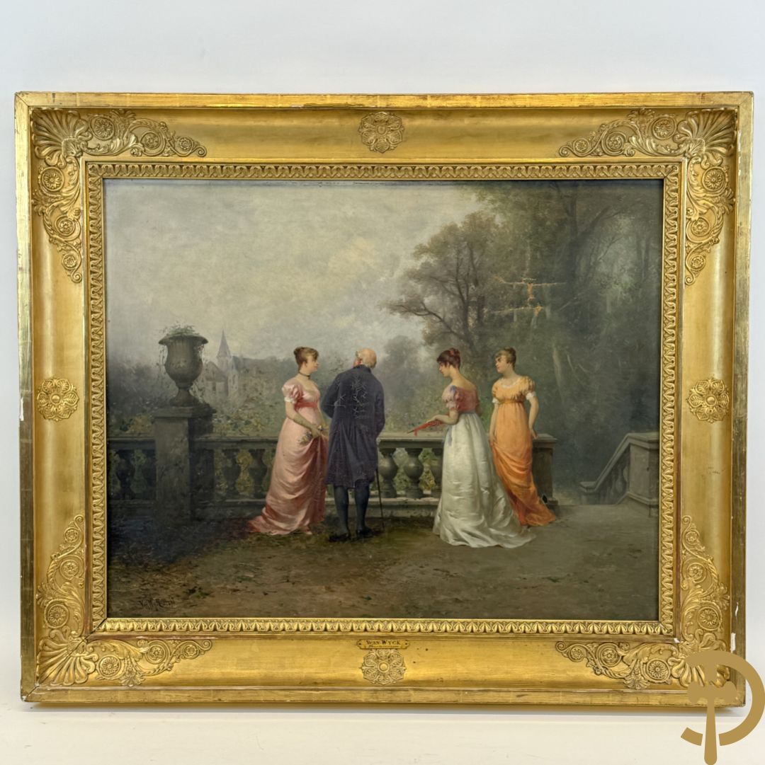 VAN WYK getekend 1890 'Geanimeerd gezelschap op het terras' olie op doek in vergulde Charles X lijst, 19e