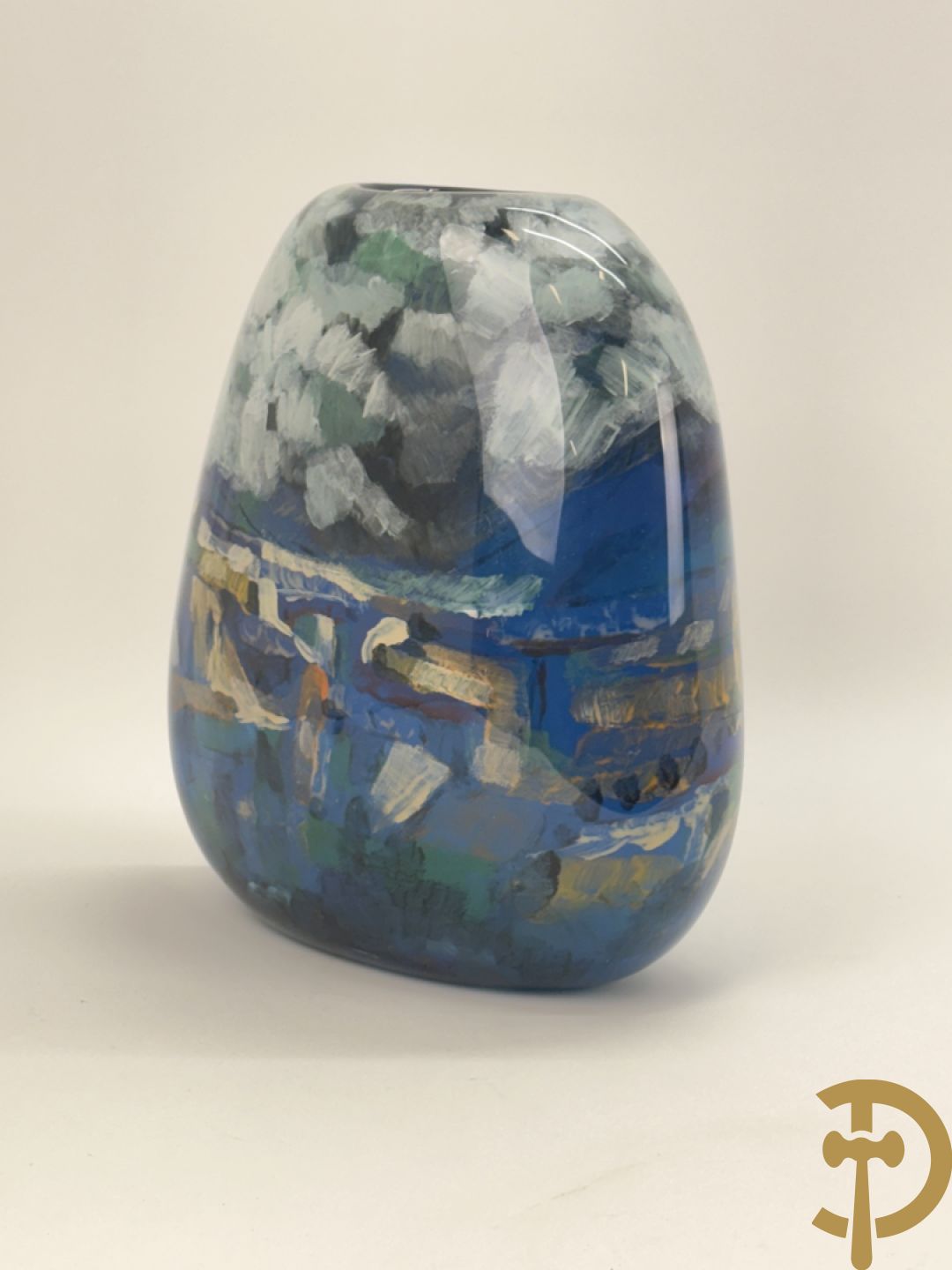 Ongetekend kleurrijke modernistische glaspasta vaas met impressionistisch landschapsdecor