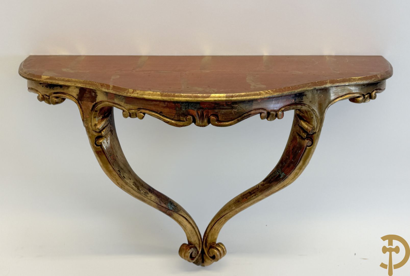 Vergulde spiegel met rocailles + console Louis XV stijl