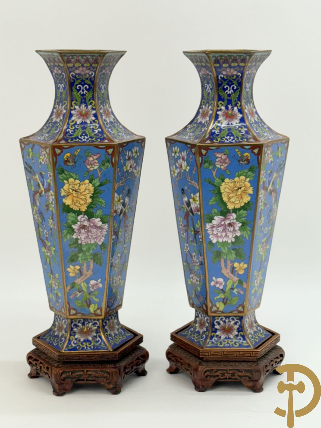 Paar zeshoekige cloisonévazen met bloemen en vogeldecor - op houten sokkels