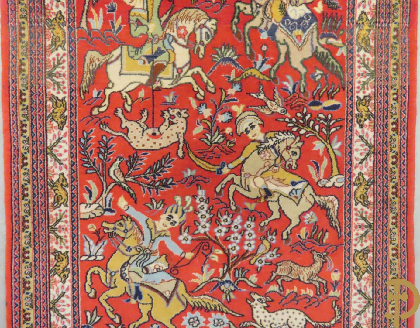 Oosters handgeknoopt tapijt met ruiter-en dierenmotieven