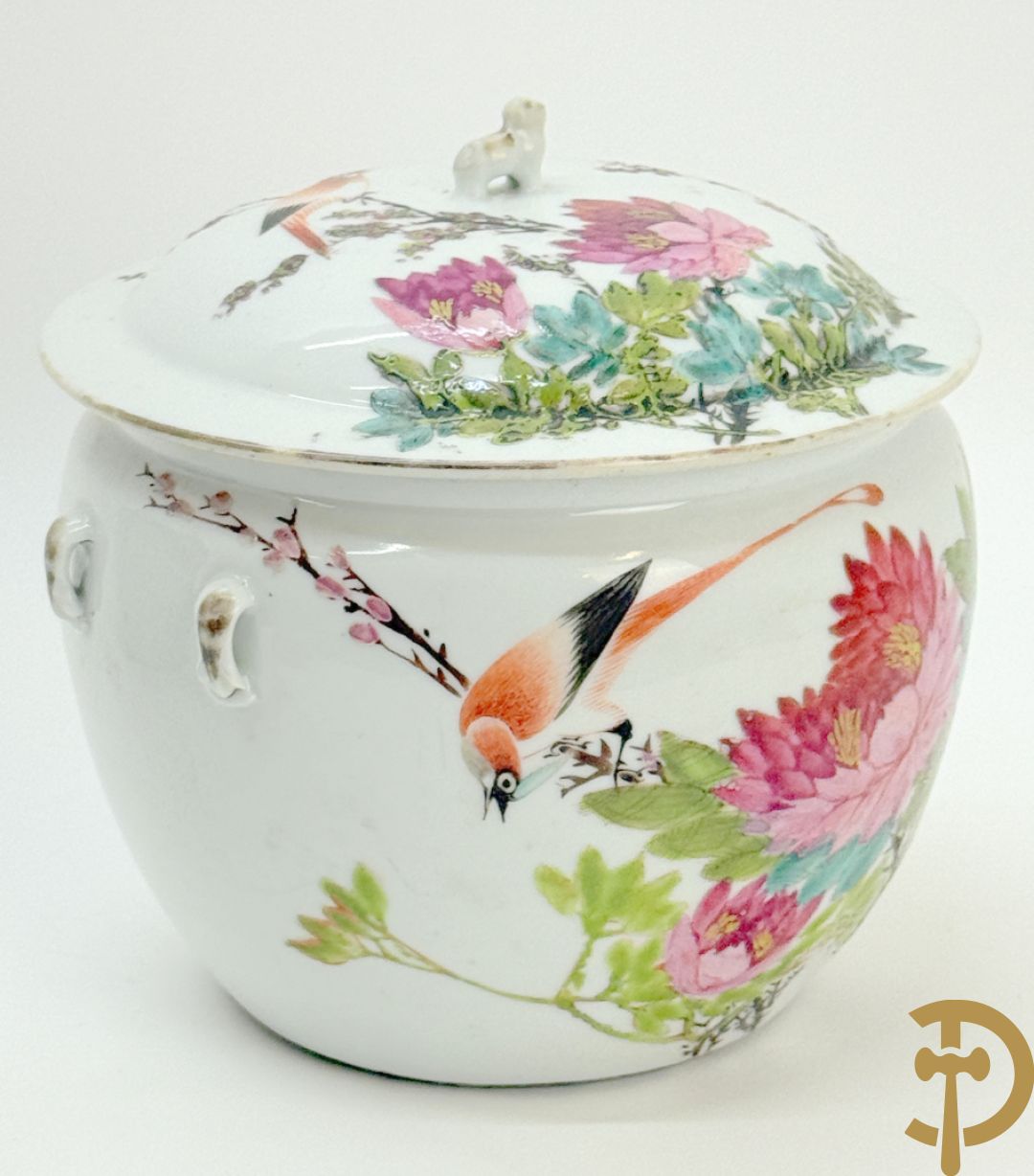 Chinese porseleinen dekselpotiche met vogel- en bloemendecor + Chinese porseleinen dekselkom met bloemen- en vogeldecor