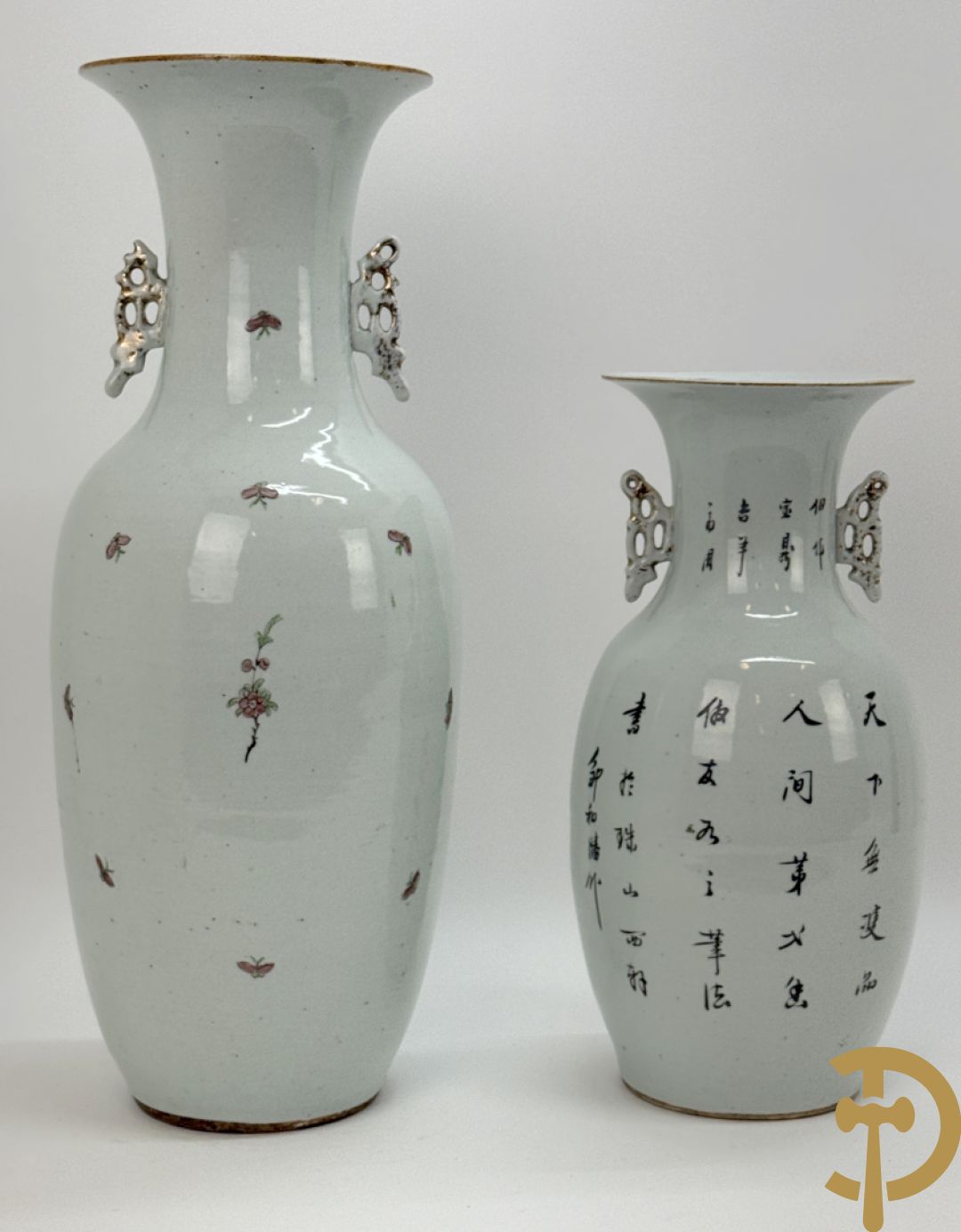 Chinese porseleinen vaas met decor van takken en vogels + Chinese porseleinen vaas met bloemendecor