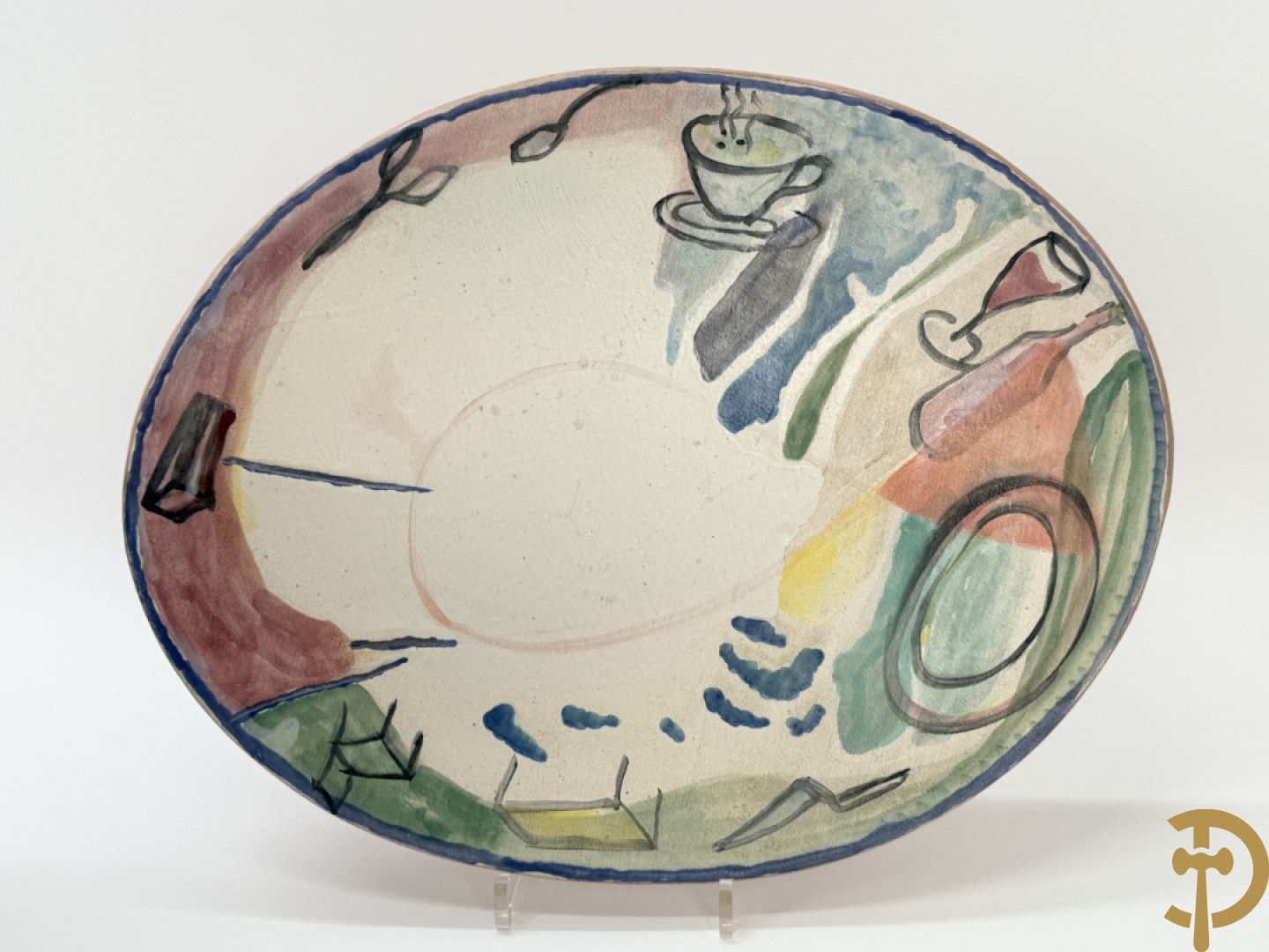 CALUWIER Carlos gestempeld binnenin, paar keramieken hoofden + Handbeschilderde ovale schotel van Caluwier Carlos