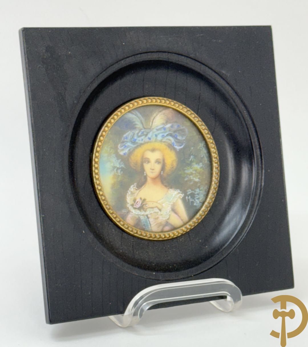 Vier handgekleurde miniaturen met romantische scènes en edeldames