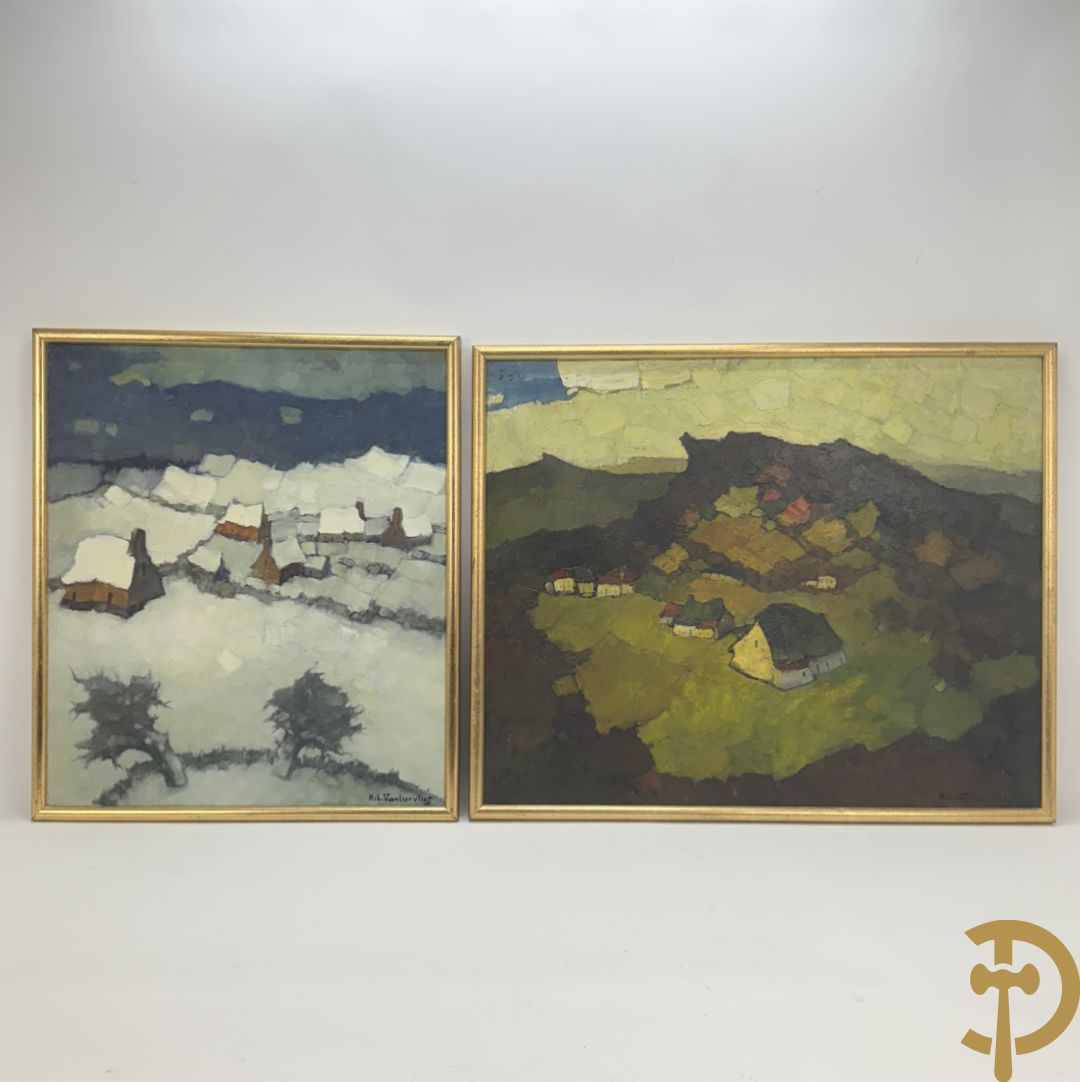 VAN BIERVLIET Hil. getekend (Hilaire) 'Winters heuvelachtig landschap met huizen' olie op doek + VAN BIERVLIET Hil. getekend 'Heuvelachtig huizenlandschap in de zomer' olie op doek