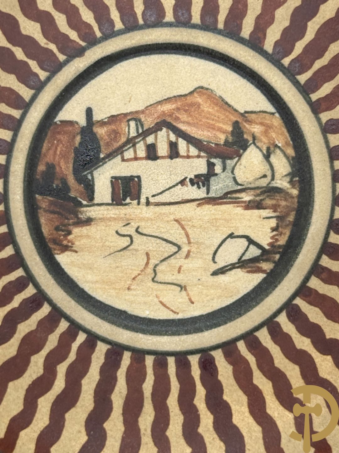 Tète à tète in meerkleurige faience Grès van Ciboure, getekend R. Le Corrone, bestaande uit theekan, melkkan, suikerpot, 2 tasjes en 2 schoteltjes