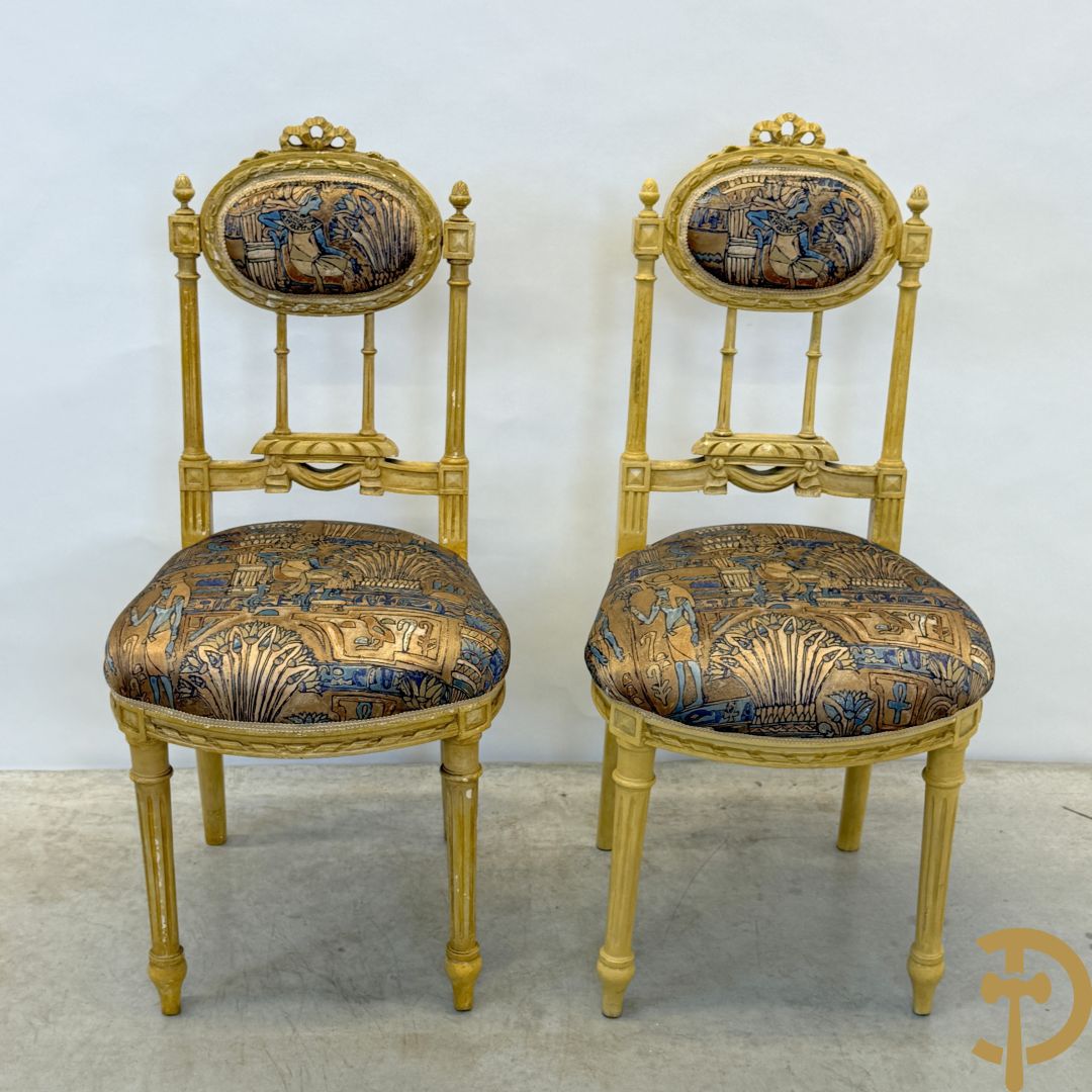 Vijfdelig gepolychromeerd Louis XVI salonensemble bestaande uit canapé, 2 fauteuils en 2 stoelen