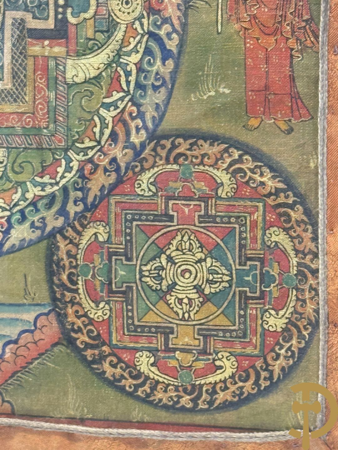 Oude handbeschilderde batic met Boedhistische afbeeldingen ingelijst achter glas