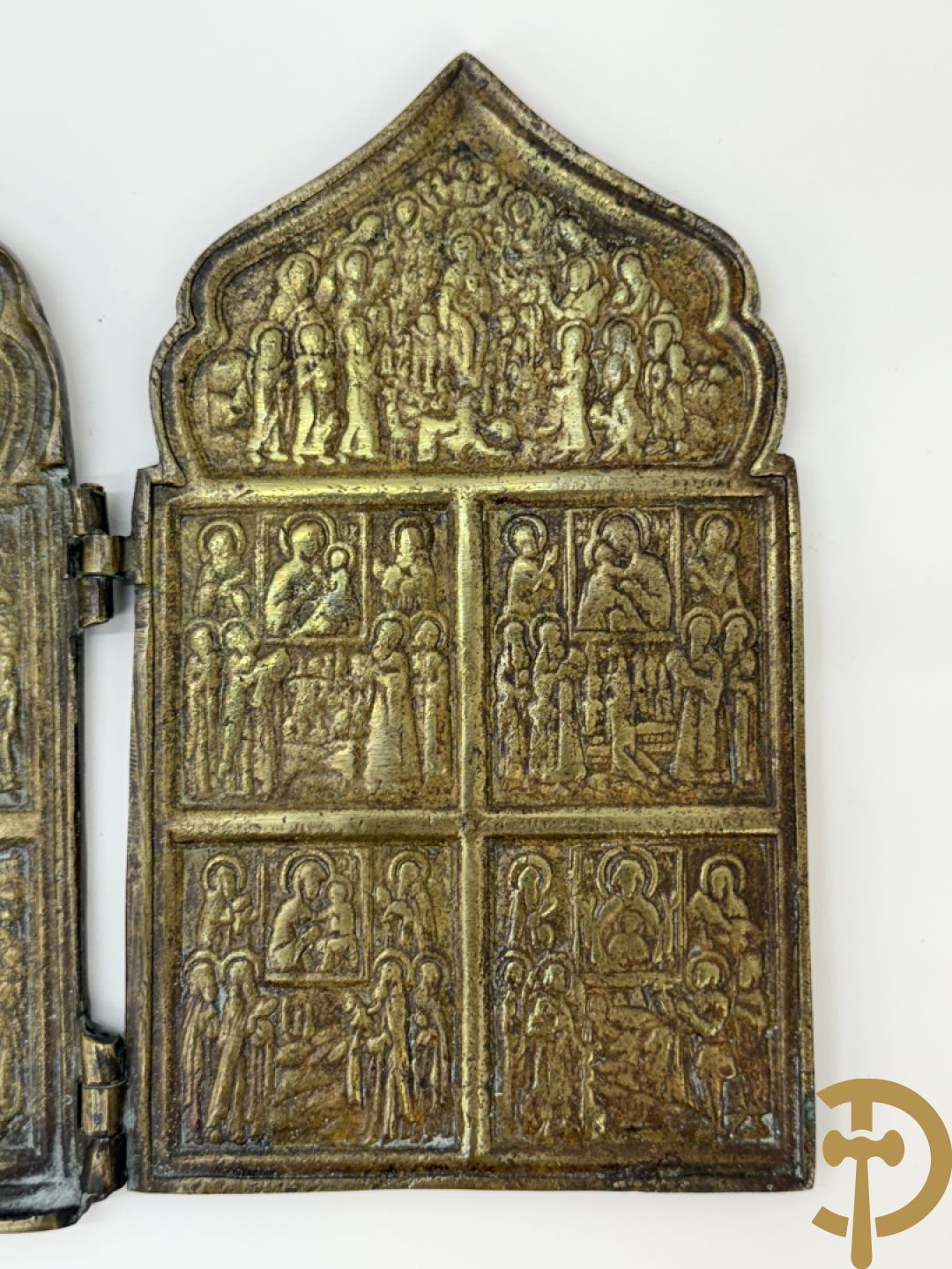 Vierdelige koperen Russische reisikoon + bronzen Neo Gotisch koffertje