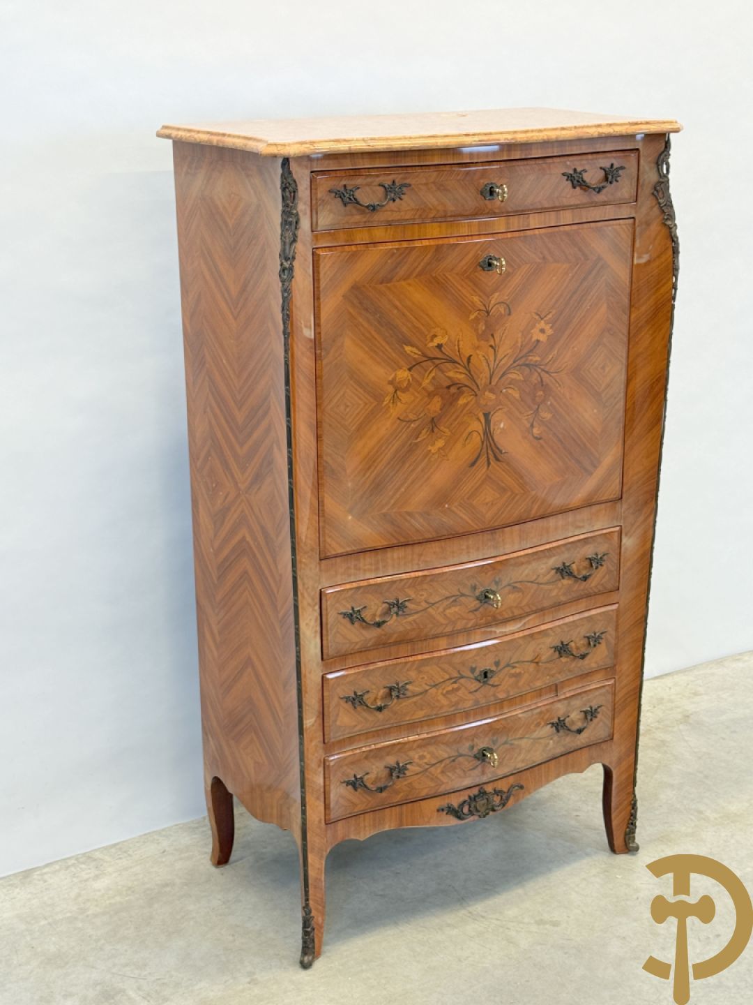 Notelaren klapsecretaire met 4 lades en bloemenmarquetterie, bezet met bronzen ornamenten - bovenaan met marmeren blad