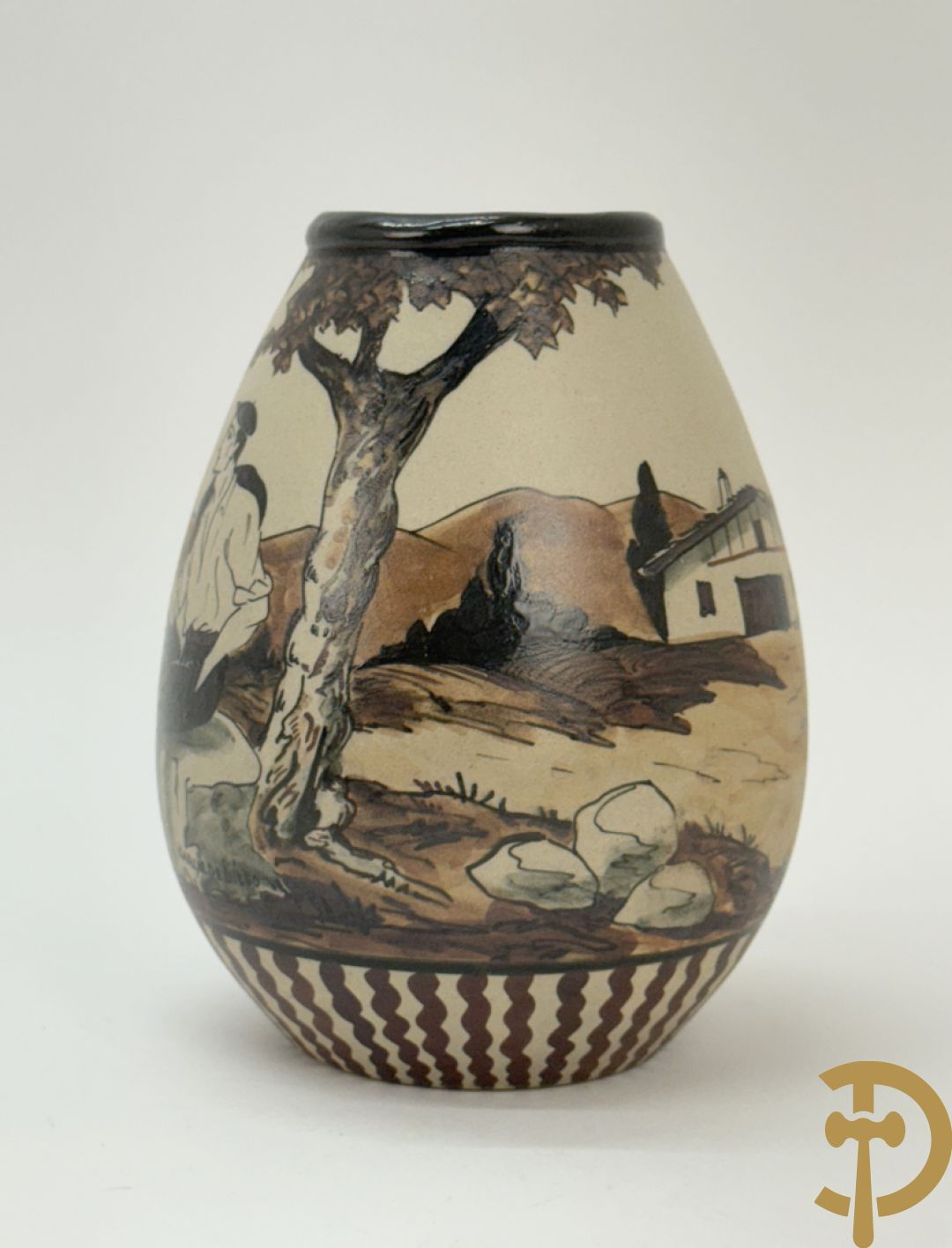 Vaasje in Grès met handbeschilderd geanimeerd landschapsdecor met herder en kudde, Ciboure Garcia de Diego