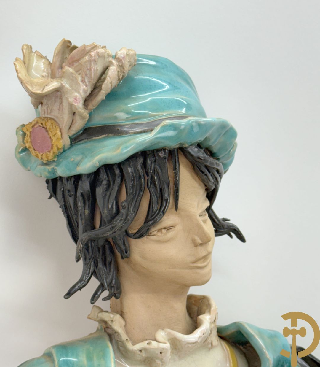 Keramieken troubadour, Italiaans en handgekleurd, Dandoy Gigi getekend, eind jaren 