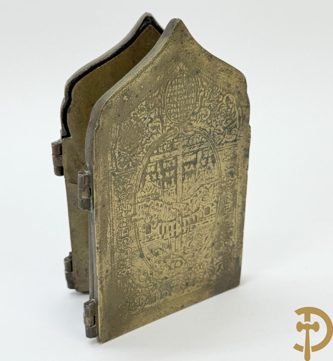 Vierdelige koperen Russische reisikoon + bronzen Neo Gotisch koffertje