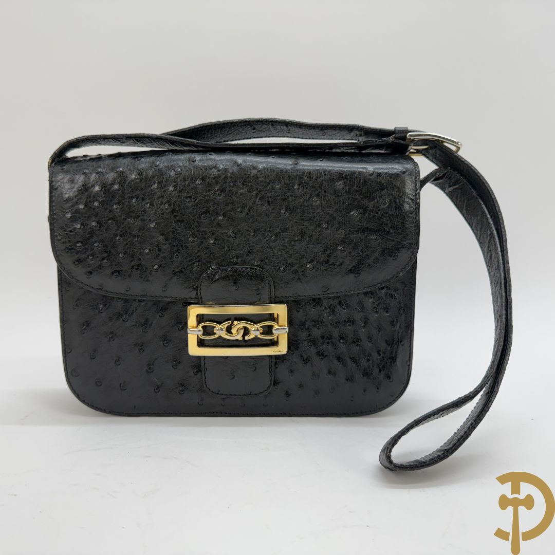 Vintage handtas in struisvogelleder met koperen ornament, Celine Paris, met bijhorende stofzak