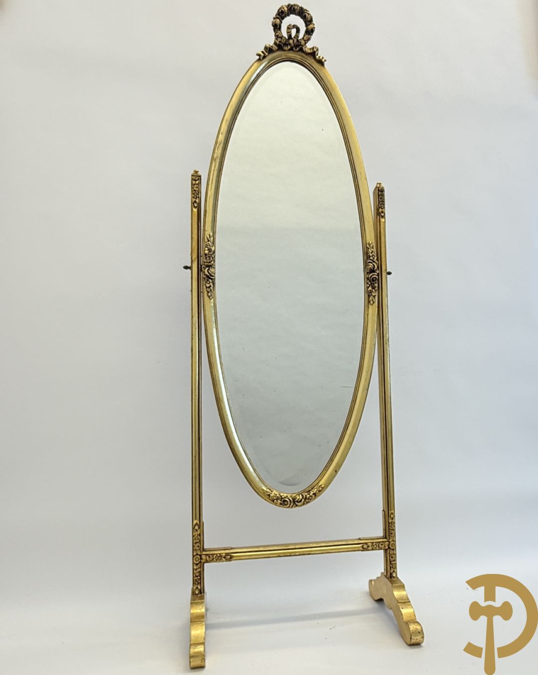 Vergulde ovale kleermakersspiegel in statief
