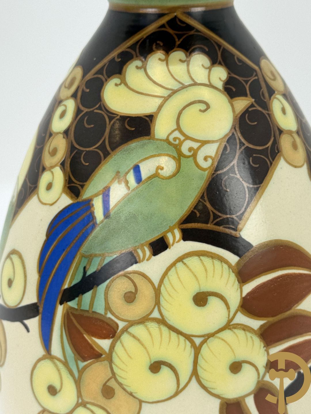 Keramieken Keramis Art Deco vaas met papegaaiendecor, Nr. 1130, Decor 945