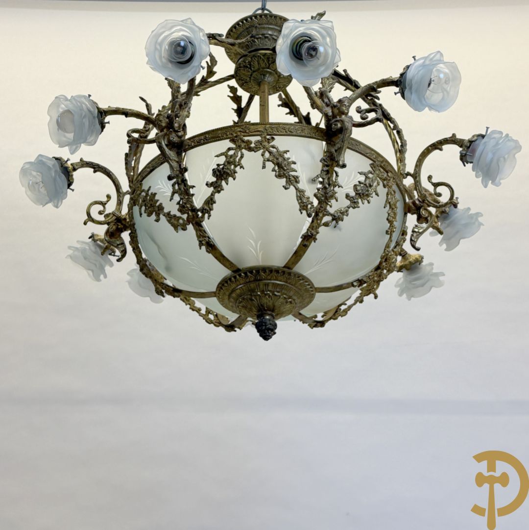 Bronzen ronde luchter met 12 lichtpunten en roosjes