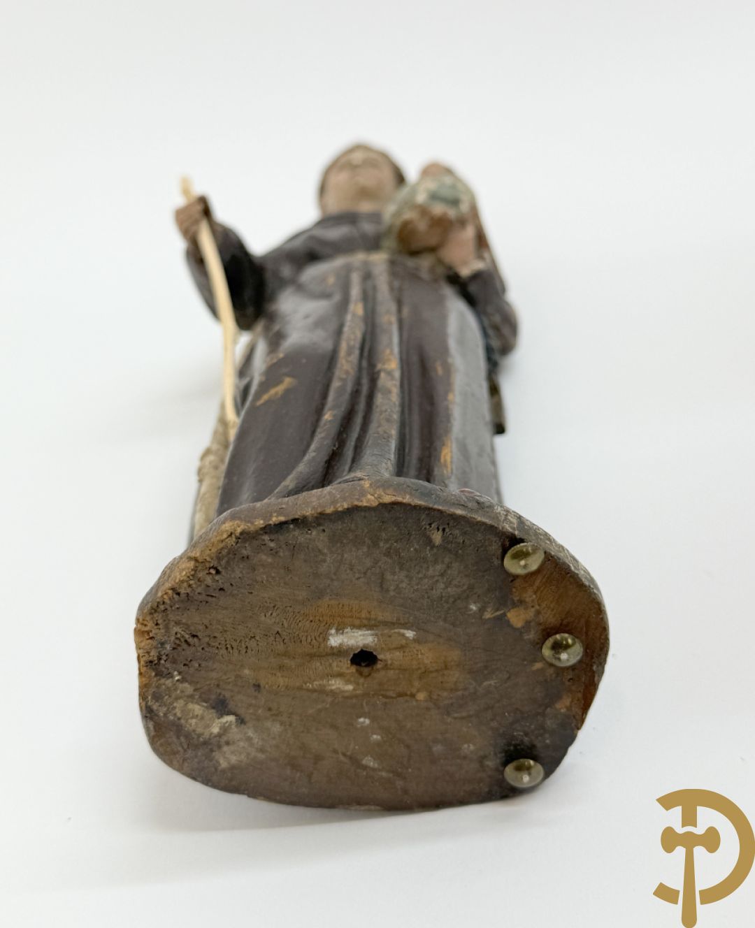 Gepolychromeerde houtsculptuur van Sint-Antonius met kind + gepolychromeerde houtgesculpteerde Madonna met kind + houtsculptuur van Sint-Jacob