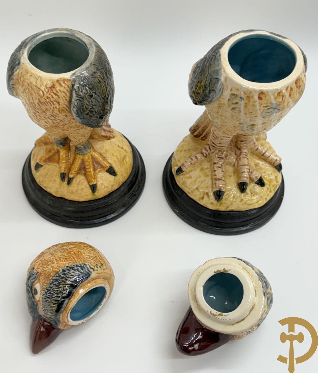 Vijf gekleurde keramieken vogels met afneembare kop, naar Martin Brothers