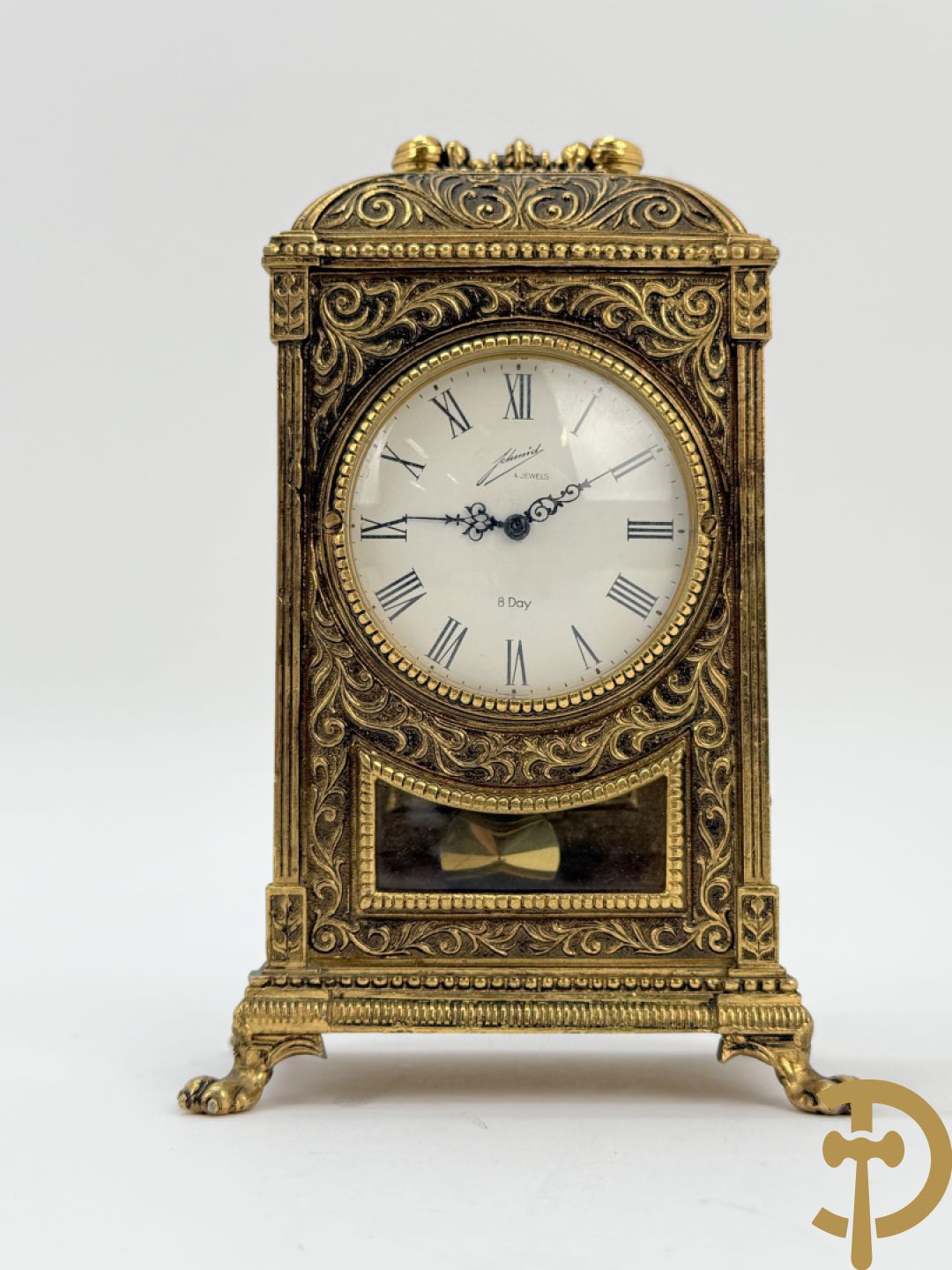 Zes miniatuurklokjes w.o. cupido houdende een pendule, marmeren kapelklokje, 2 reiswekkers, Napoleon III pendule in koper en zamak klokje