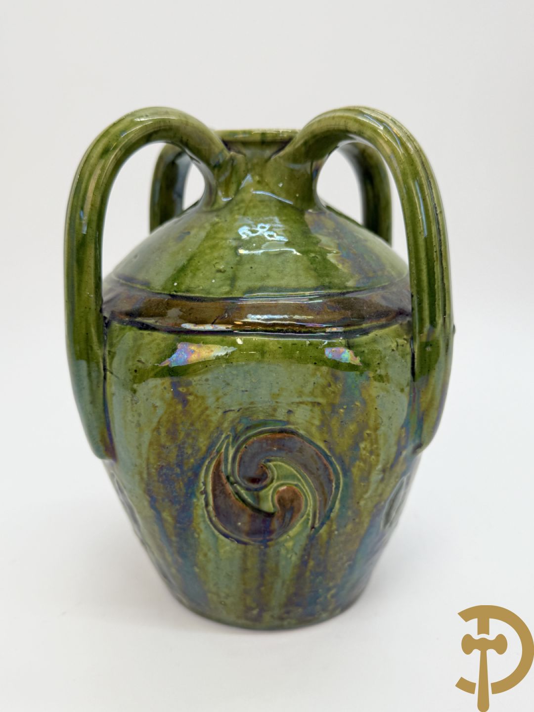 Drie Vlaams aardwerken vazen + Vlaams aardewerken tabakspot - VH gemonogrammeerd (Van Humskerk H.)