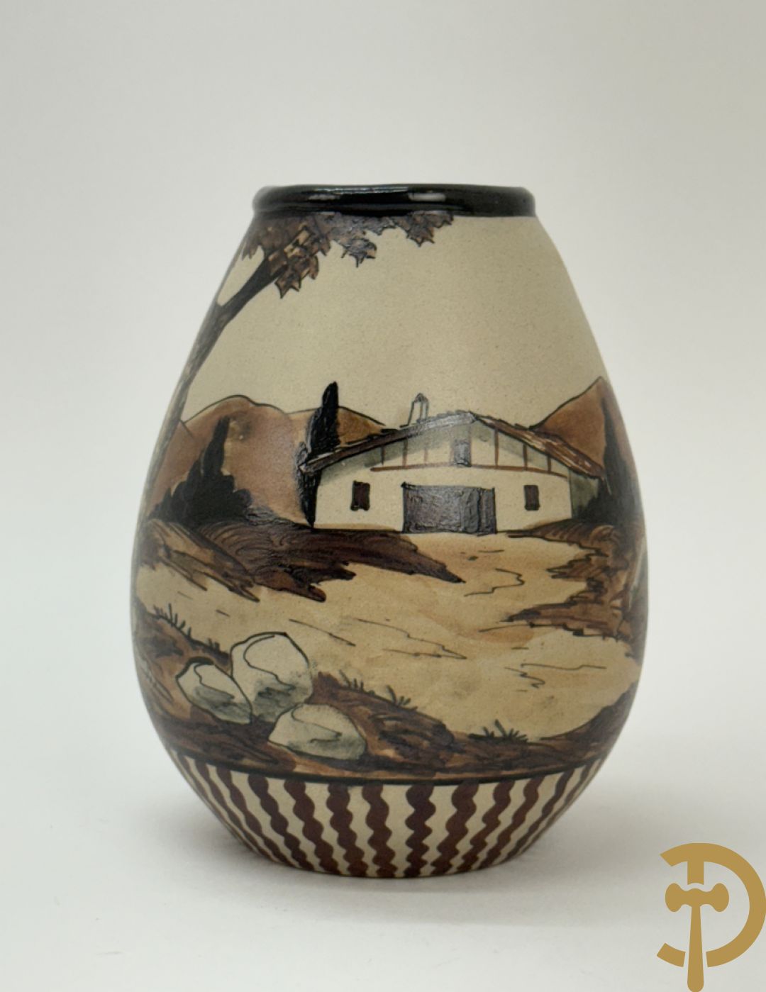 Vaasje in Grès met handbeschilderd geanimeerd landschapsdecor met herder en kudde, Ciboure Garcia de Diego