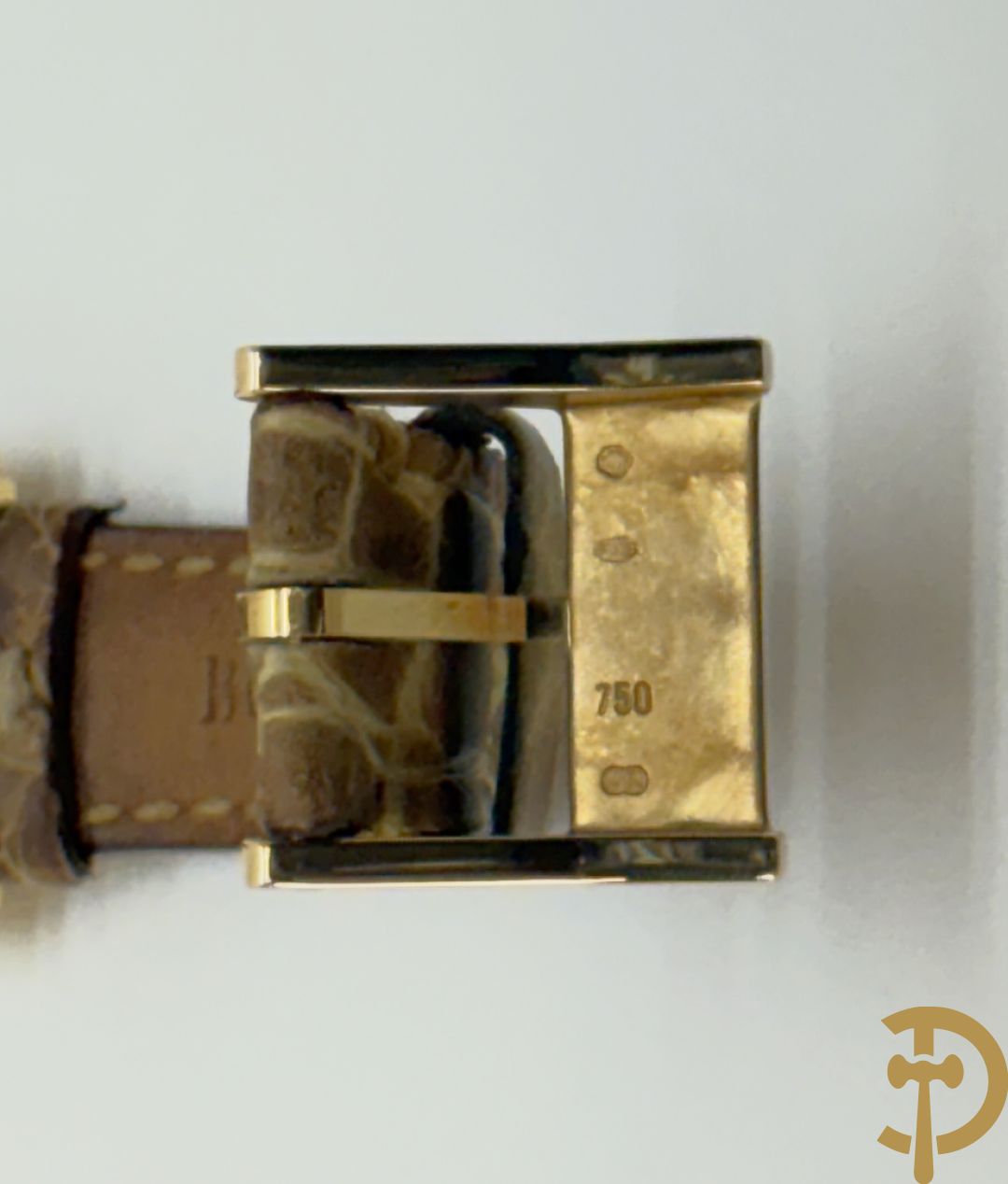 Geelgouden dameshorloge Boucheron Carrée in bijhorende lederen box, gemerkt 18 Kt. en genummerd 403436 - Met 2 verschillende bandjes + certificaten