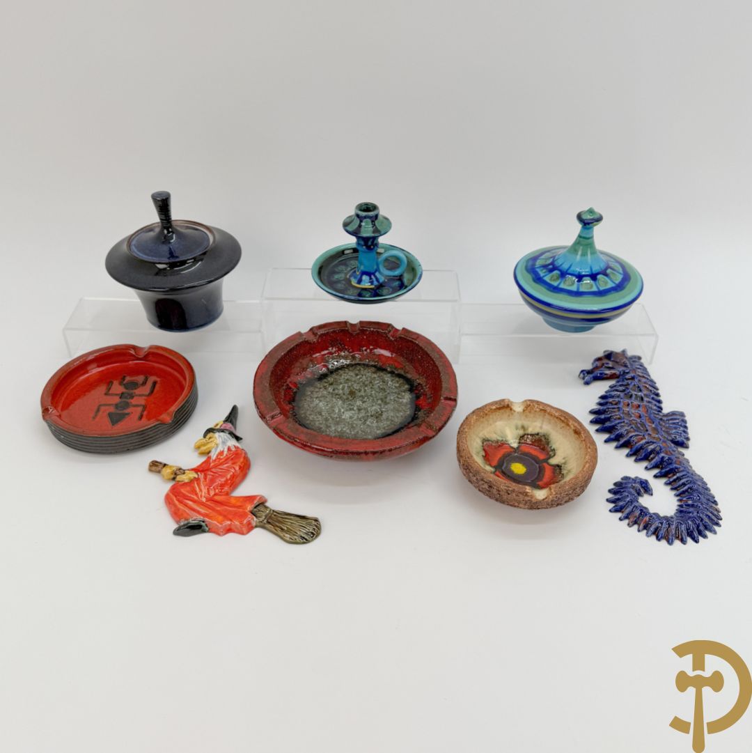 Vintage keramieken dekselpotiche van Amphora, schaal Perignem, Goud dekselpotiche, Flora Holland kaarsenhouder, zeepaard en vliegende heks