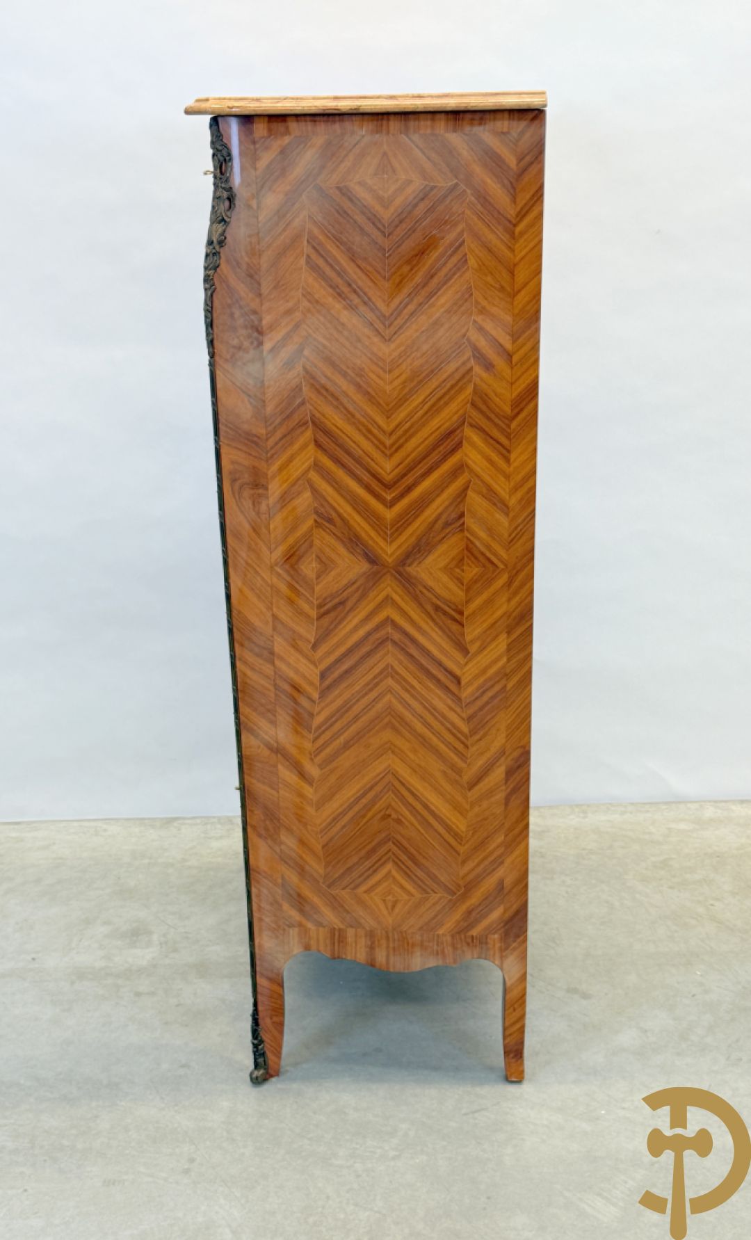 Notelaren klapsecretaire met 4 lades en bloemenmarquetterie, bezet met bronzen ornamenten - bovenaan met marmeren blad