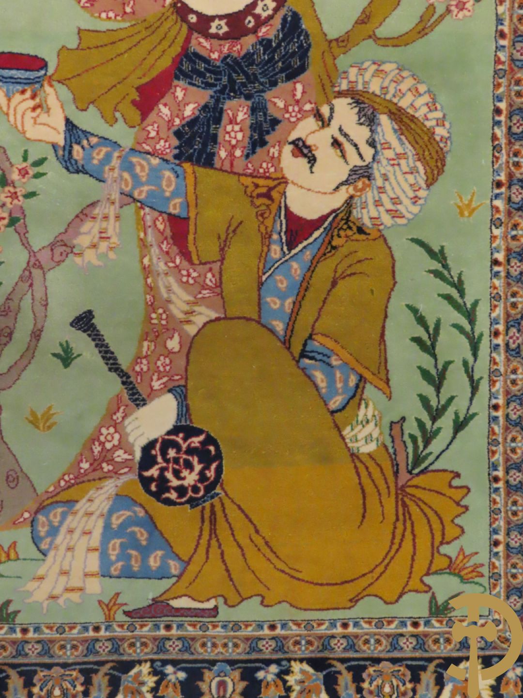 Perzisch handgeknoopt geïllustreerd tapijt met decor van musicerende dame en drinkende man