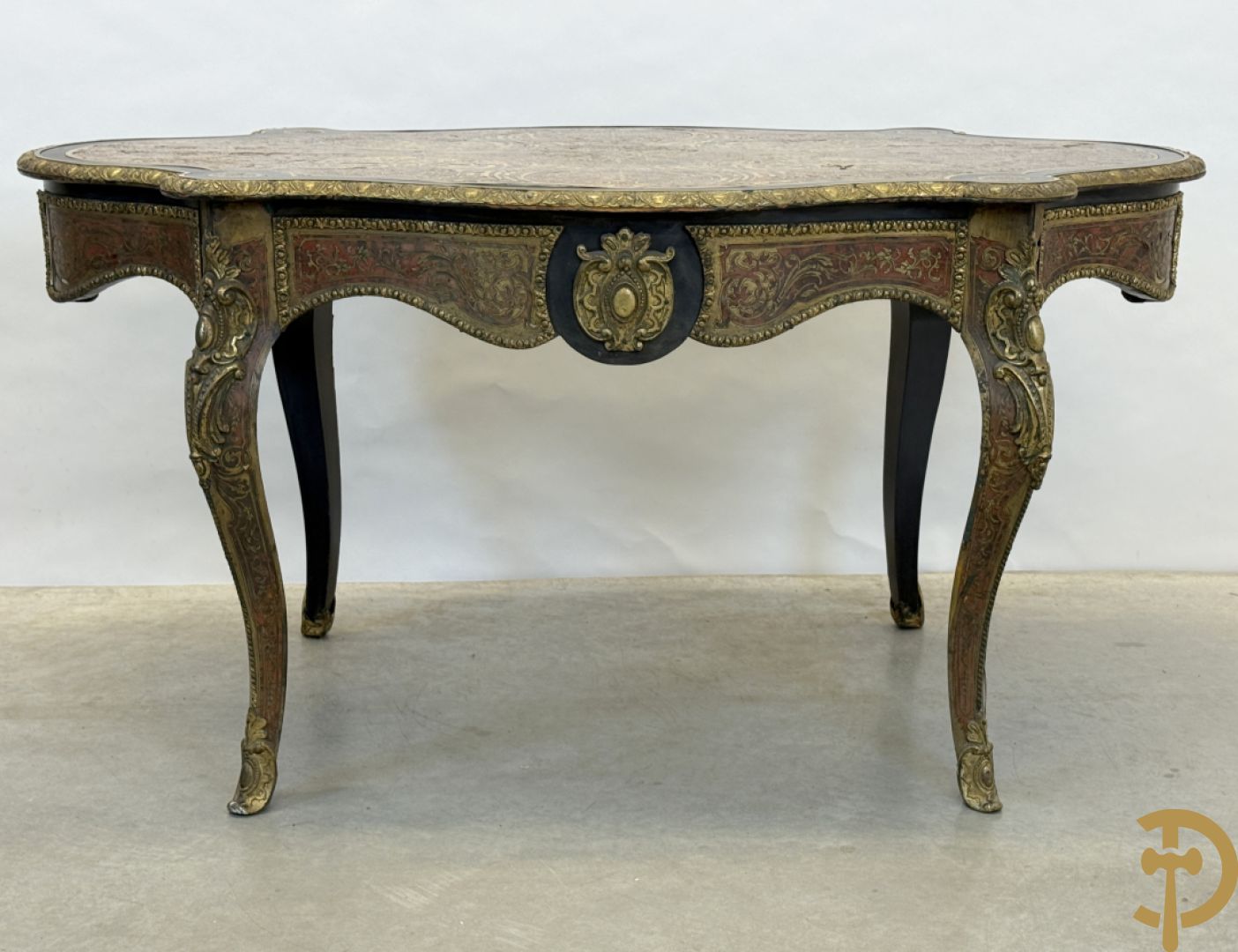 Boulle tafel met lade, Napoleon III, met mooi koperinleg en bronzen ornamenten, 19e