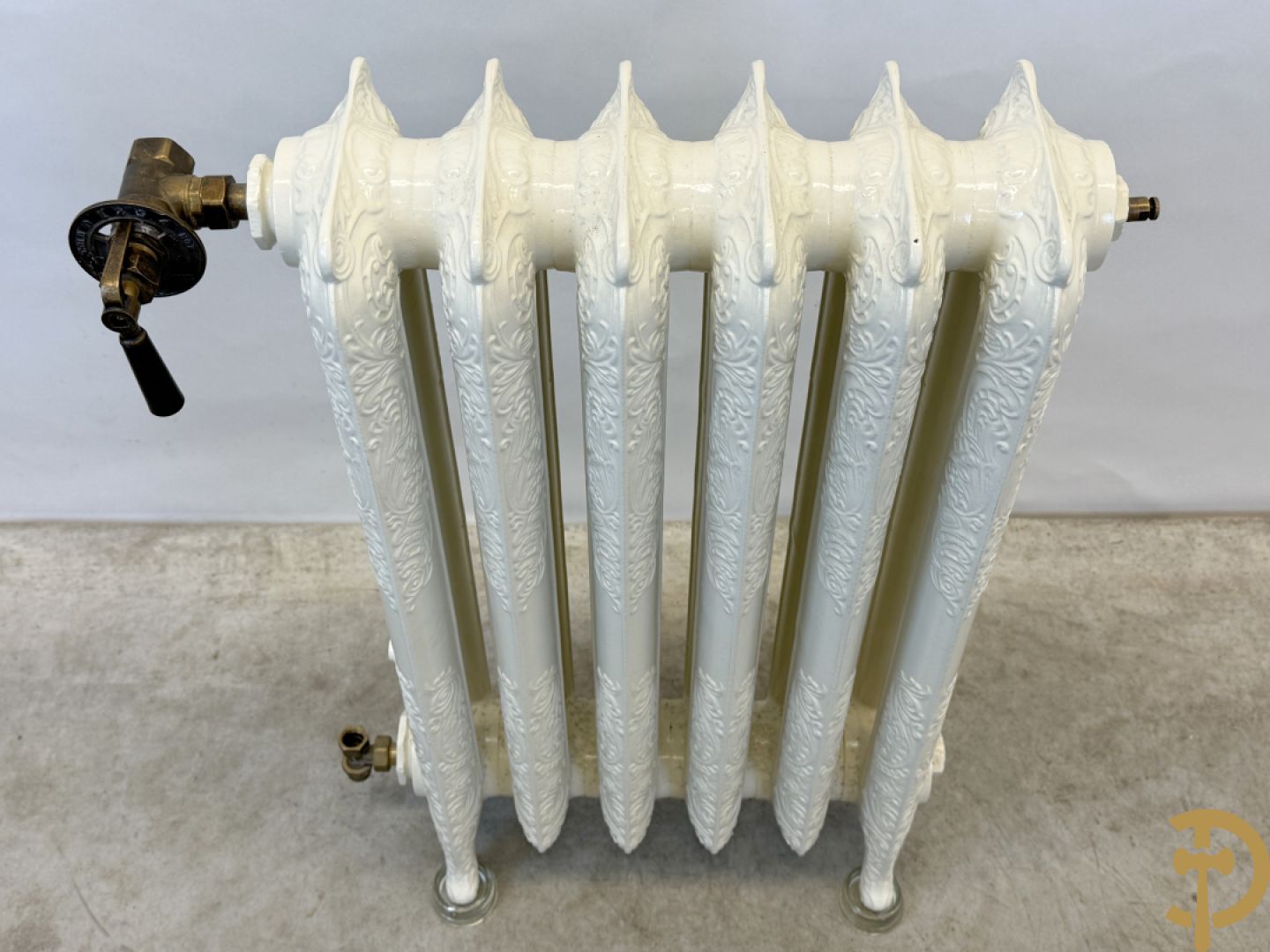 Gietijzeren Art Nouveau stijl radiator met 6 elementen op glazen pootjes - met bijhorende accessoires