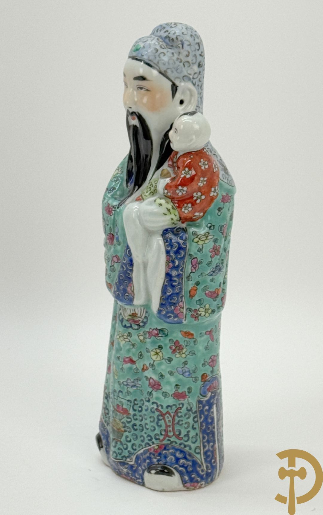 Chinese porseleinen wijsgeer met kind op de arm