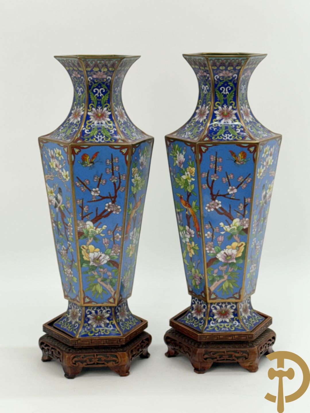 Paar zeshoekige cloisonévazen met bloemen en vogeldecor - op houten sokkels