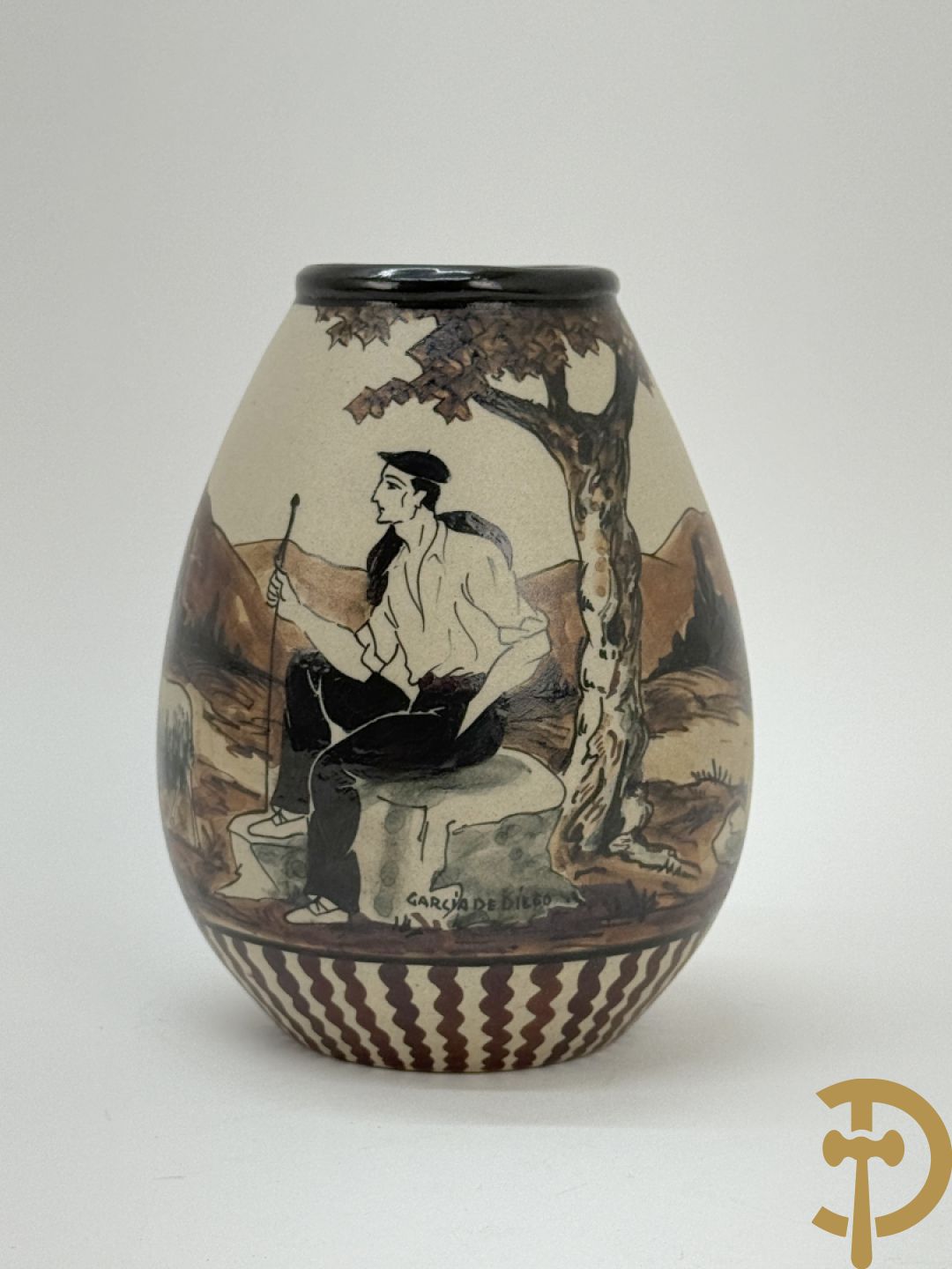 Vaasje in Grès met handbeschilderd geanimeerd landschapsdecor met herder en kudde, Ciboure Garcia de Diego