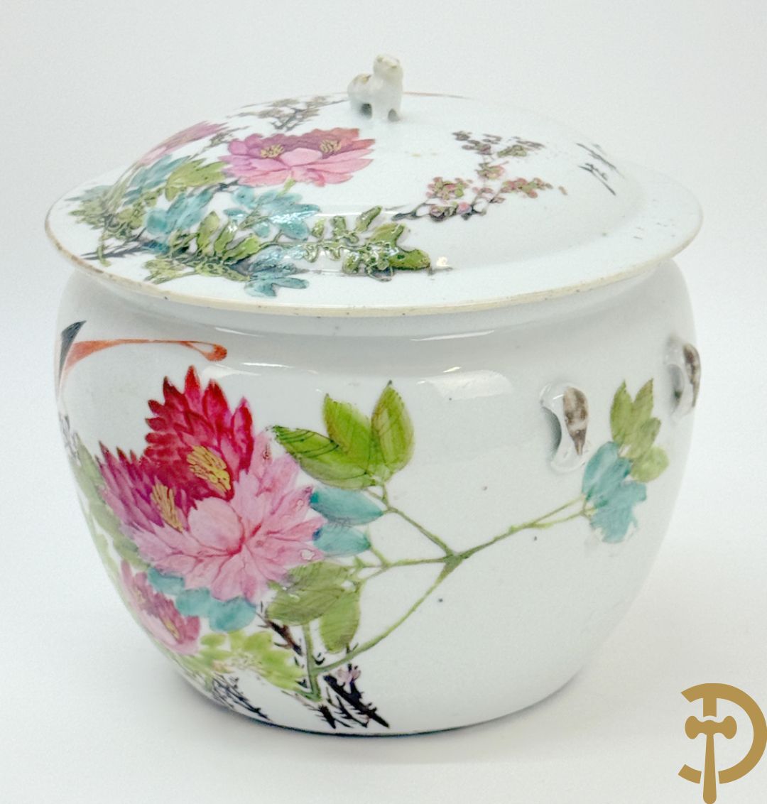 Chinese porseleinen dekselpotiche met vogel- en bloemendecor + Chinese porseleinen dekselkom met bloemen- en vogeldecor