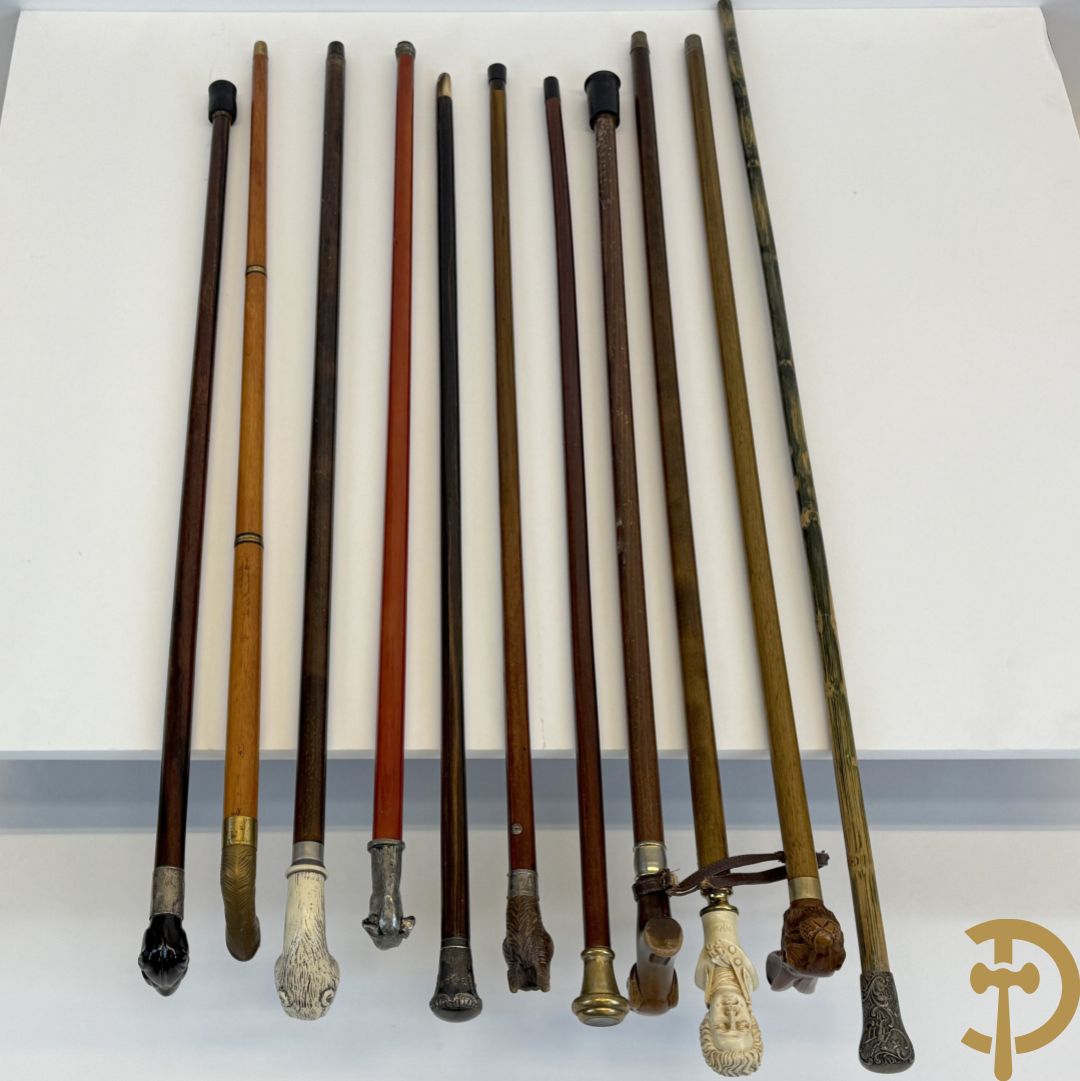 Verzameling wandelstokken met o.a. dierenhoofden en zilveren ornamenten